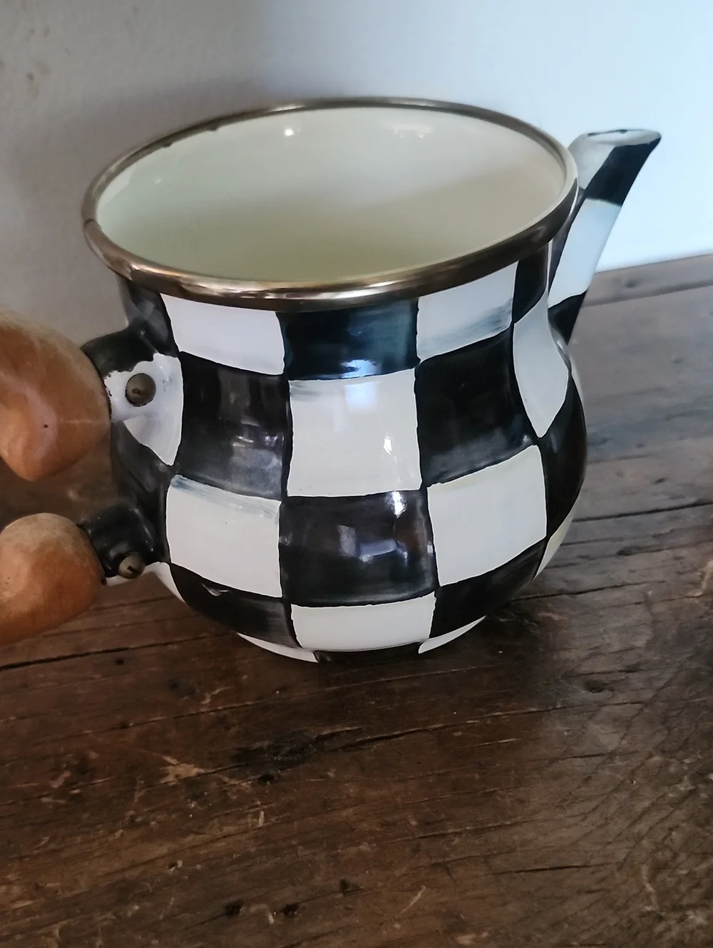 Mackenzie Childs Courtly Check Enamel Creamer With Wooden Handle